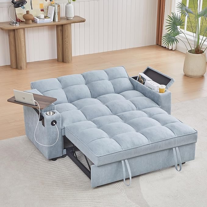 65''Convertible Sleeper Sofa Bed3-in-1 Pull Out Couch Bed with 360 Degree rotatable Side Table and USB Ports for Living RoomRV (07 Light Grey)