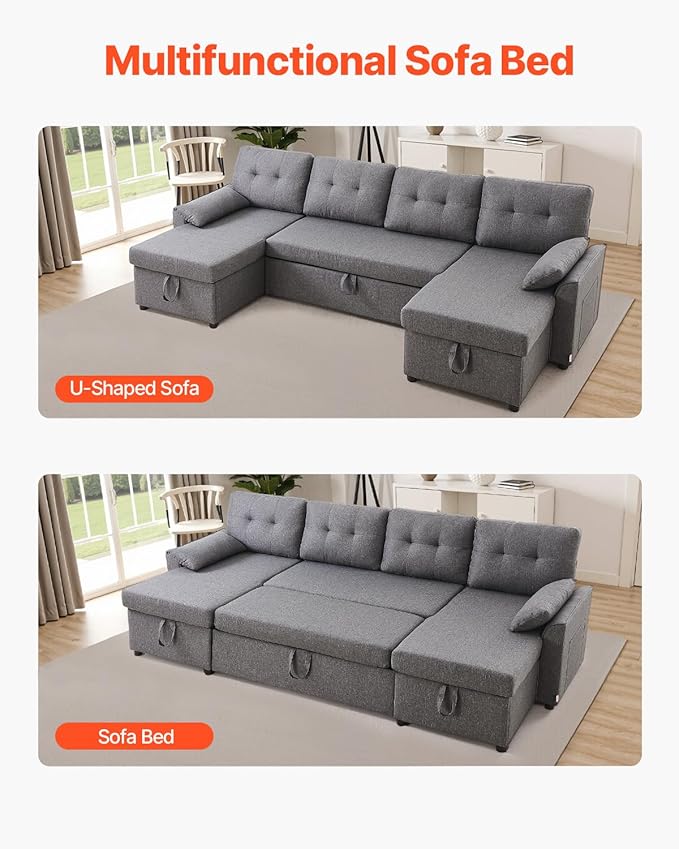 VEVOR U Shaped Sofa Bed Convertible Sofa Bed with 2 Side Pockets 2 Pillows and Double Chaise 6-Seat Pull Out Sleeper Couch with Large Storage Capacity for Living Room Apartment Metal Frame Gray
