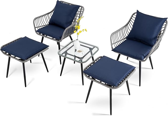 5 Piece Patio Furniture Set Outdoor Wicker Small Conversation Bistro Set All-Weather PE Rattan Chairs with Ottoman &amp Coffee Table Ideal for Balcony Porch Deck Yard Poolside (Grey/Blue)