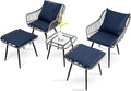 5 Piece Patio Furniture Set Outdoor Wicker Small Conversation Bistro Set All-Weather PE Rattan Chairs with Ottoman &amp Coffee Table Ideal for Balcony Porch Deck Yard Poolside (Grey/Blue)