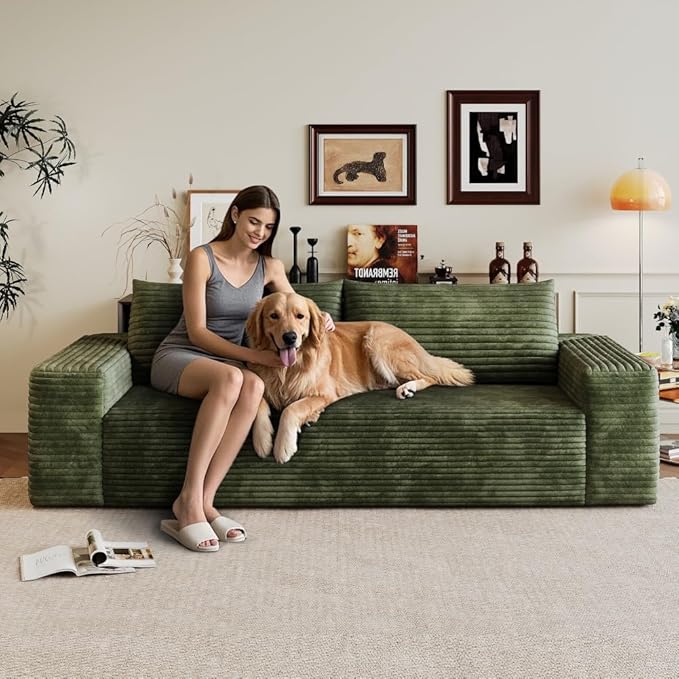 71 3Setaser SofaCorduroy FabricDeep Seat CouchesComfy Loveseat SofaNo Assembly1pcs for Living Room BedroomConference RoomApartment (Green-71)