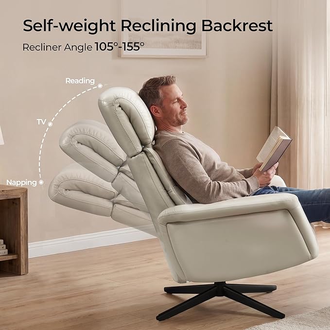 CHITA Genuine Leather Self-Weight Reclining Swivel Chair with Adjustable Headrest and Ottoman for Living Room Office Light Grey