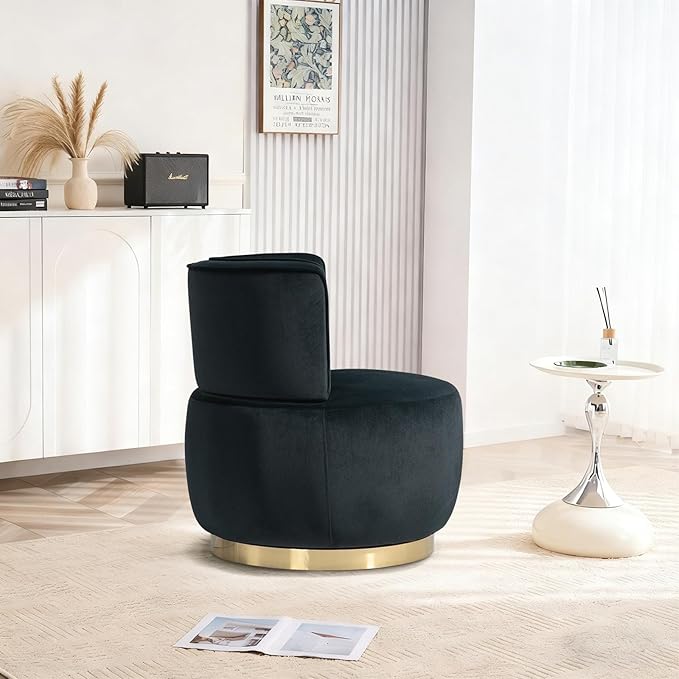 360 Degree Swivel Accent Chair Comfy Round Swivel Barrel Chair with Mental Base Upholstered Cozy Reading Armchairs Modern Lounge Sofa Chairs for Living Room Bedroom Club Office(Velvet Black)