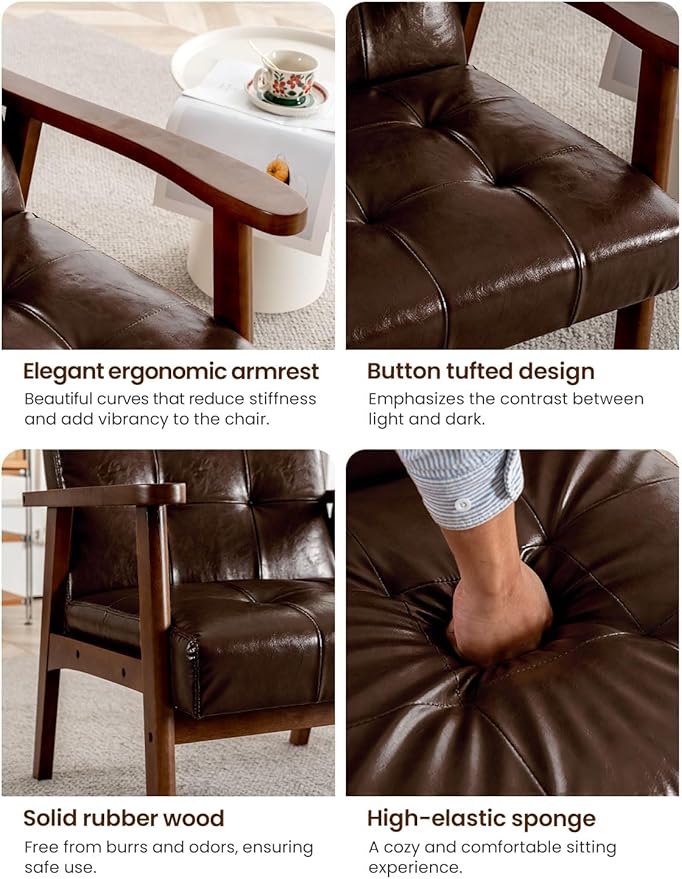 Mid Century Modern Accent Chairs for Living Room Comfy Bedroom Chairs for AdultsSmall Wide Reading Nook Arm Chair 105° Ergonomic Cozy Brown Leather Armchair with Rubber Wood