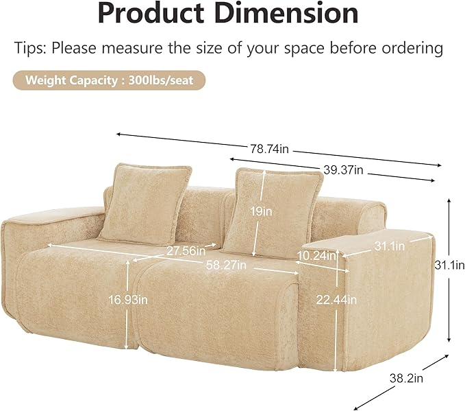 Casaphoria Velvet Modular Sofa 78.74 Inch Light Camel 2-Seater Couch with 2 Removable Pillows No Assembly Required Ideal for Apartments &amp Small Living Rooms