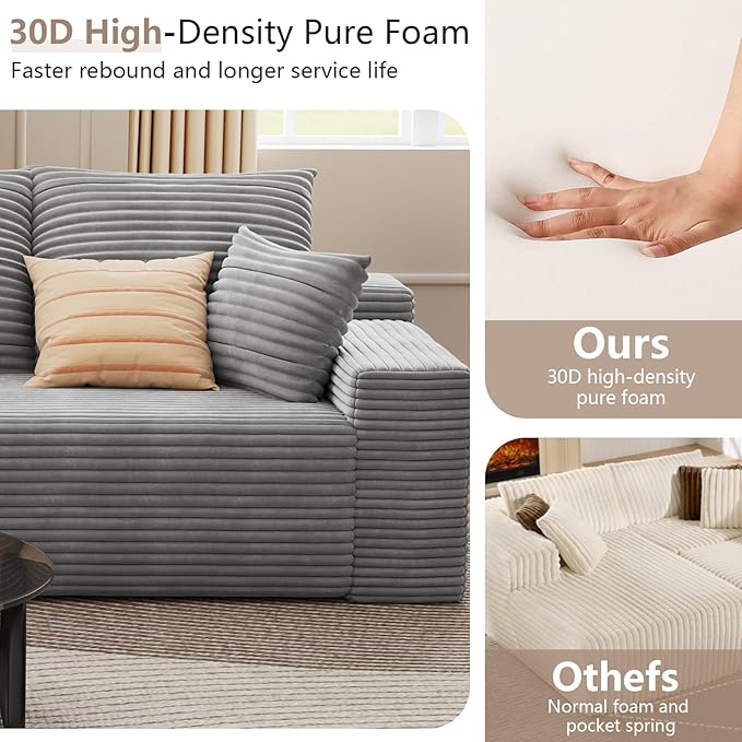 95 Cloud Sectional Couch with L-Shape Chaise Modern Corduroy Boneless Deep Seat Sofa 3-Seater Modular Sleeper Couch for Living Room BedroomApartmentNo Assembly (Light Grey Left-Facing Chaise)