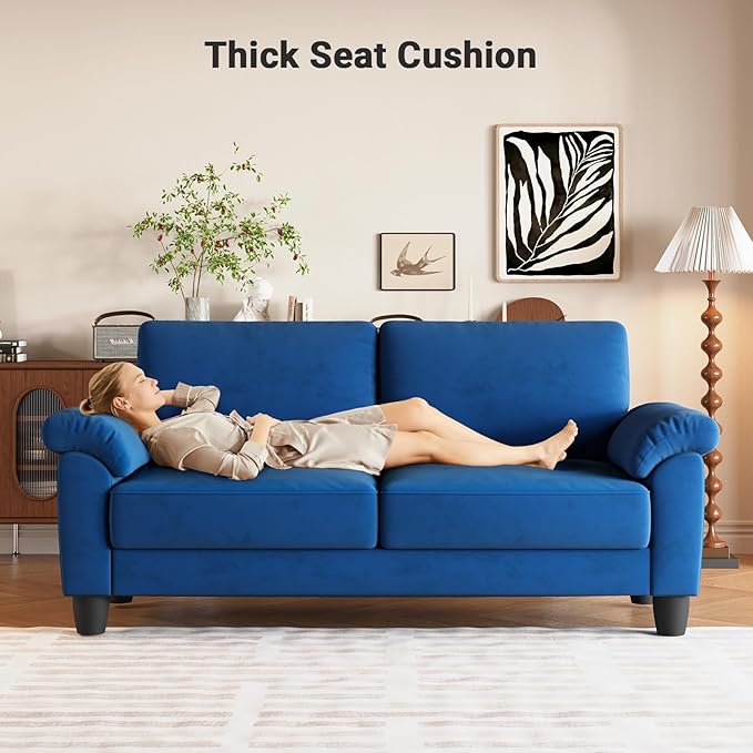 Vesgantti 70 Blue Living Room Couch Sofa Mid Century Modern Loveseat Velvet Deep Couches for Small Spaces Bedroom Apartment Office Removable Sofa Cover Spring Cushions Easy to Install