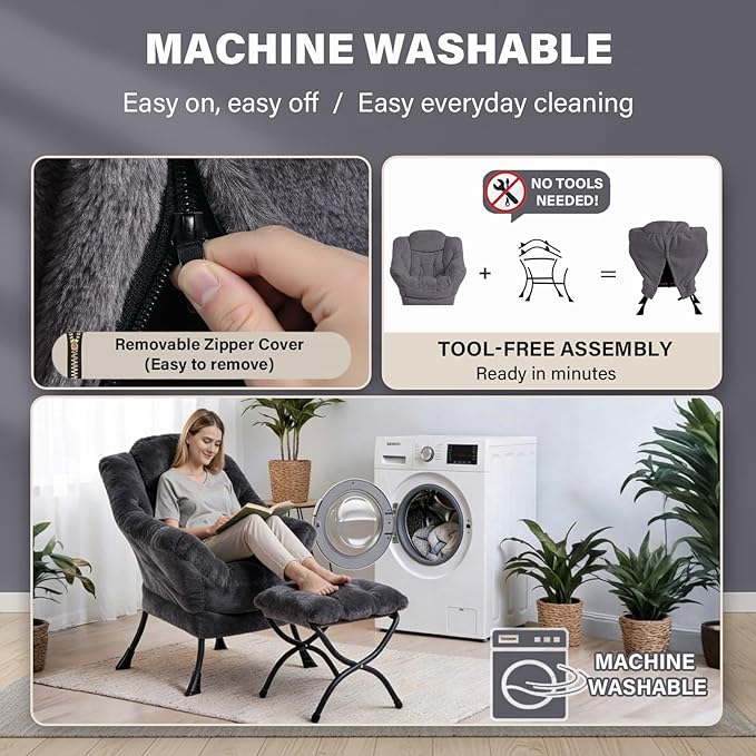 Plush Lazy Chair and Ottoman Large Dark Grey Contemporary Accent Chair with Side Pocket Modern Leisure Upholstered Reading Armchair with Footrest for Office Bedroom Living Room Balcony