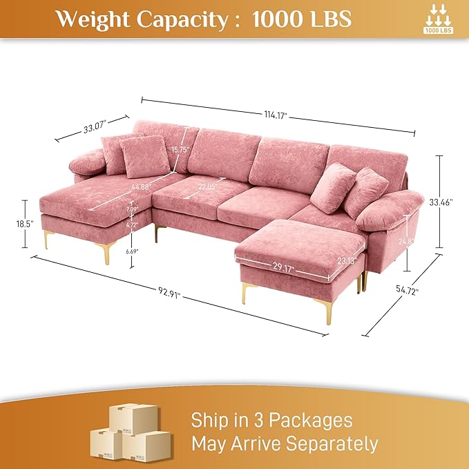 U Shaped Sectional Couch Sofa 114 Convertible L Shaped Sofa with Ottoman &amp Chaise Lounge Modern Oversized Modular 4 Seat Sleeper Sofa Set for Living Room Office Pink Velvet