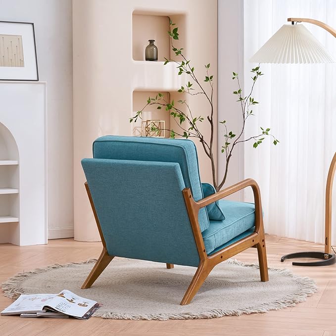 Accent Chair Upholstered Mid-Century Modern Chair with Lumbar Pillow&ampSoft CushionLounge Reading Armchair with Solid Wood Framefor Living Room Bedroom Balcony Teal