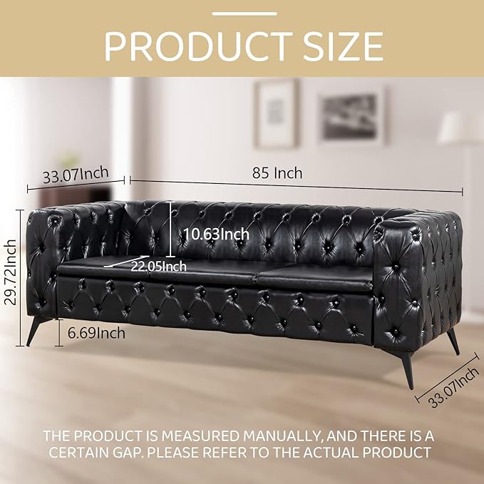 Black Couches for Living Room Modern Tufted Chesterfield Sofa Deep Seat Comfy Faux Leather Sofa Tight Pleated Rolled Arms 85” 3 Seater Sofas for Bedroom Office