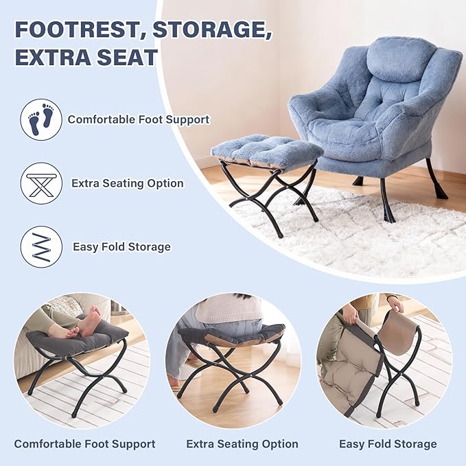 Lazy Chair with Ottoman Modern Accent Chair Contemporary Lounge Leisure Sofa Chair with Armrests Reading Chair and Folding Footstool Set for Living Room Bedroom Office Velvet Black