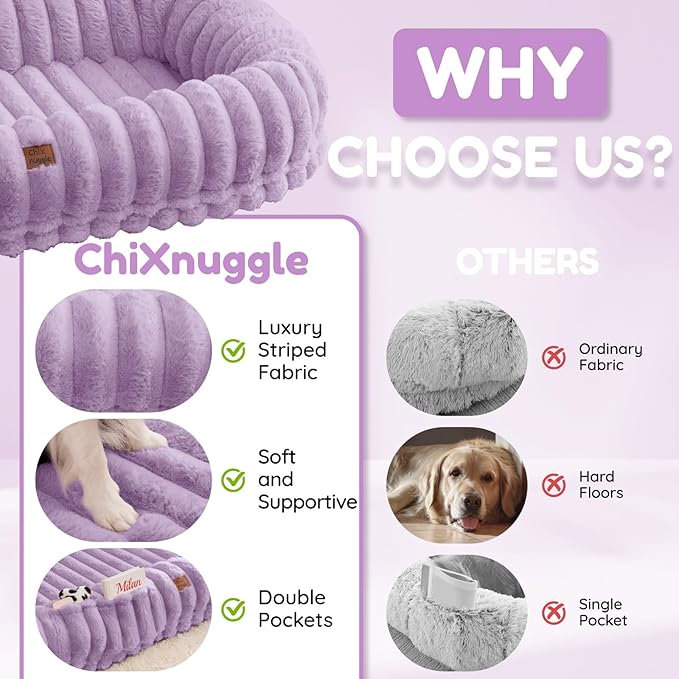 Human Dog Bed for Adult - Luxury Striped Faux Fur Giant Dog Bed with Portable Handle Egg Orthopedic Foam Pad with Thick Blanket 72x40x10 Purple