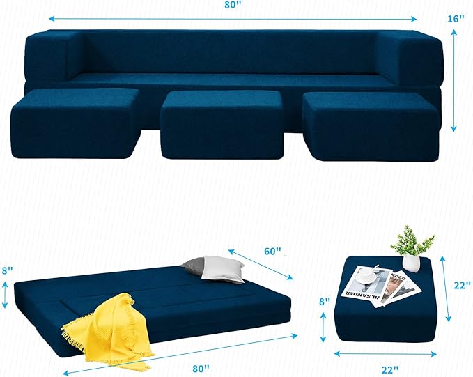 Mjkone Queen Convertible Velvet Futon Sofa Bed with 3 Ottomans Memory Foam Fold Out Couch Bed Foldable Floor Sofa Guest Sleeper for Living Room Blue