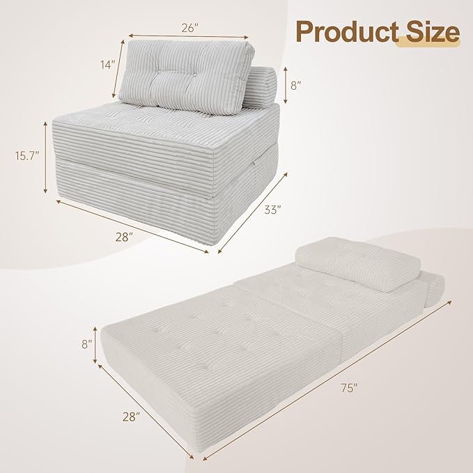ANONER Memory Foam Folding Sofa Bed Sectional Couches with Deep Seat and Pillow Futon Floor Couch Versatile Convertible Sleeper Chair Boneless Chaise Lounge Fold Out Chair Bed Beige
