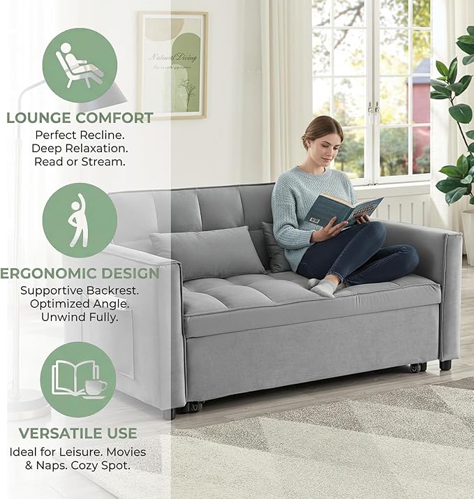 Loveseat Sleeper Sofa 3 in 1 Convertible Sofa Bed Adjustable Backrest Comfy Pull Out Couch Modern Upholstered Sofa for Living Room Bedroom Apartment Small Space (a-Grey)