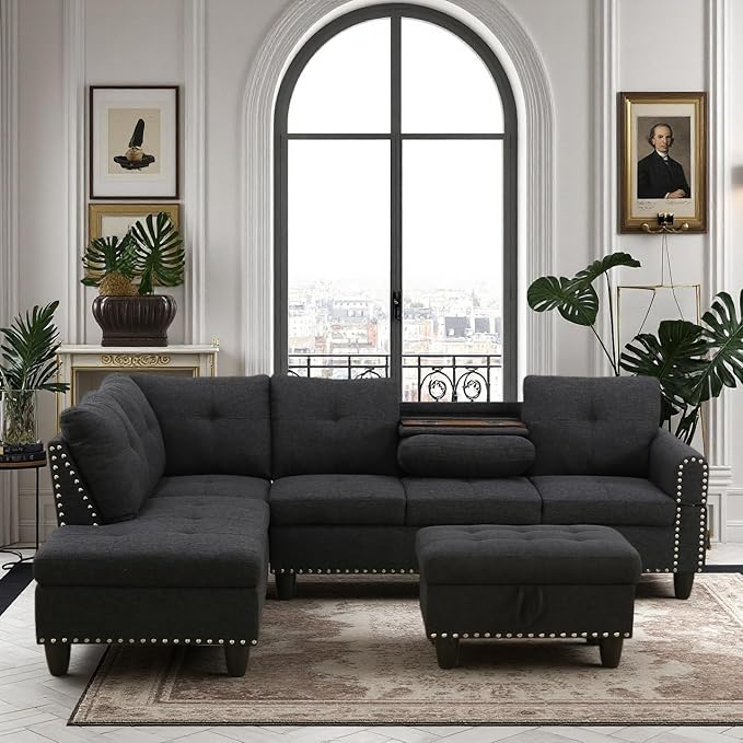 Sectional Couches for Living Room Furniture 4 Seat L Shaped Couches with Ottoman Modular Sectional Sofa for Apartment Furniture Sets Grey