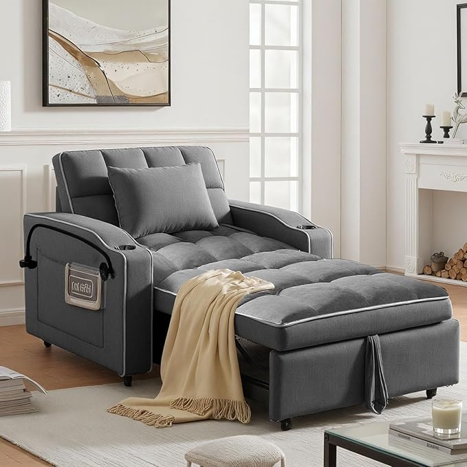 Sleeper Chair Convertible Pull Out Chair Sleeper with Bracket and Cup Holder Chairs Bed Sleepers for Adults 3 in 1 Sofa Bed Chairs for Small Spaces Living Room Gray