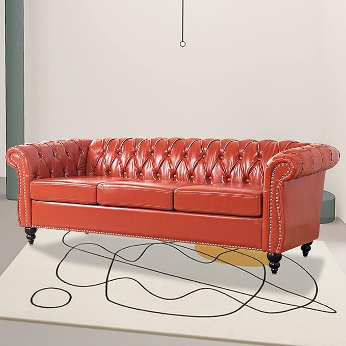 Chesterfield Sofa Orange Faux Leather Sofas for Living Room 84 Rolled Arm 3-Seater Couch Deep Button Nailhead Upholstered Couches High-End Furniture Easy to Assemble