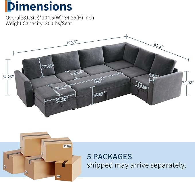 Garvee Sectional Sleeper Couch with Pull Out Sofa Bed Corduroy Modular Sectional Sofa L Shaped 5 Seat Couch with Storage Seat Sectional Couches for Living Room