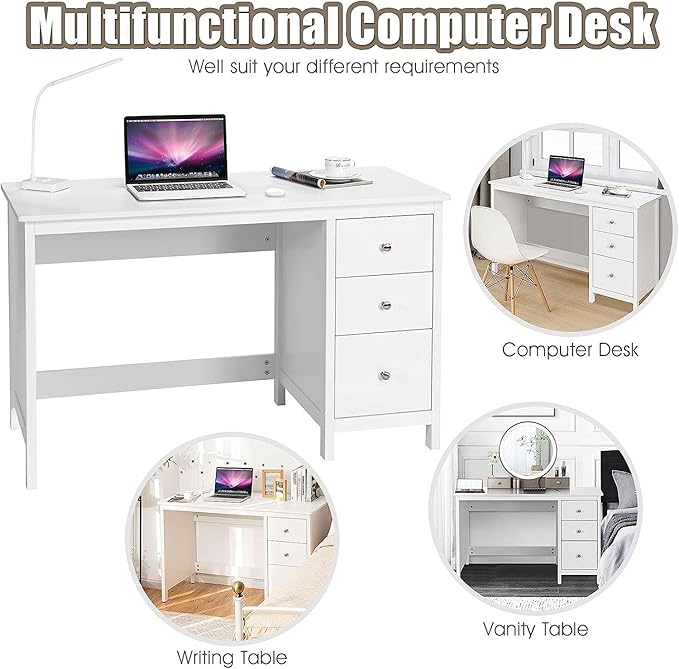 GOFLAME 3-Drawer Computer Desk Study Desk with Spacious Desktop Modern Writing Desk Compact Laptop Desk Multipurpose Workstation for Home Office White