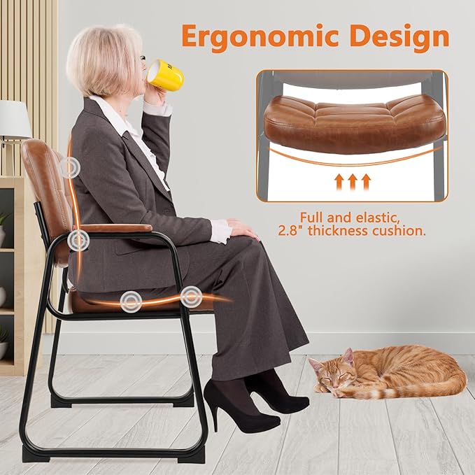 CLATINA Big &amp Tall 500 lb Waiting Room Chairs with Padded Armrests and Sled Base Leather Stationary No Wheels Office Reception Guest Chair for Lobby Home and Meeting Conference Brown (2 Pack)