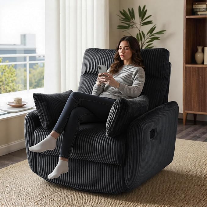 Swivel Recliner Chair for Adults Corduroy Nursery Glider Rocking Chair Armchair with 2 Pillows Comfy High Back Reclining for Small Spaces Nursery Bedroom Living Room (Corduroy Black 1 Pack)