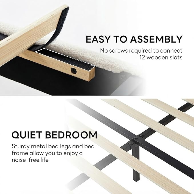 LIKIMIO Full Bed Frame with Headboard Upholstered Boucle Platform Bed with USB Ports Base Camas Full No Box Spring Needed Cream White
