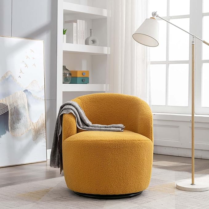 Swivel Barrel Chair with Foam FilledSwivel Accent ChairComfy Backrest Teddy Round Swivel Chair for Living Room (Yellow)