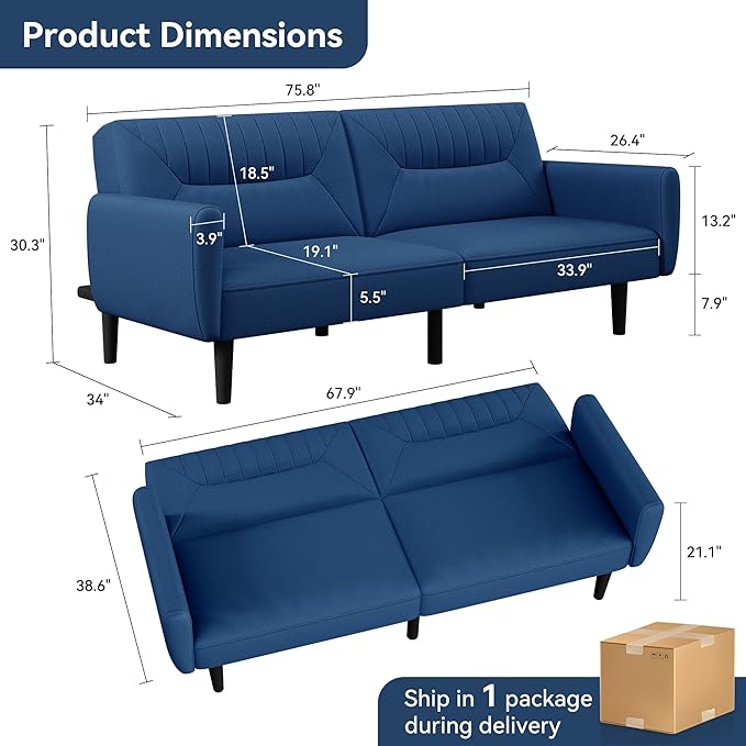 Futon Sofa Bed75.8 Linen Fabric Comfy Futon Couch Bed3 Seater Convertible Sleeper Sofa with Adjustable BackrestsModern Folding Loveseat for Living RoomOfficeApartmentBedroomBlue