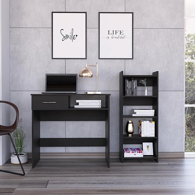 Epinki Home Office Desk Set Single Drawer Keyboard Tray Bookcase Black Particle Board