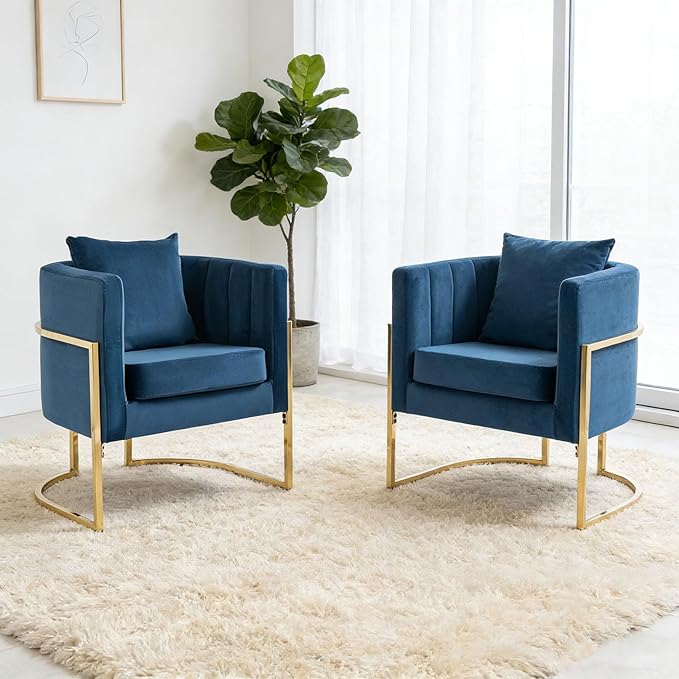 Velvet Modern Living Room Accent Chairs Set of 2 Upholstered Mid-Century Barrel Chairs for Bedroom Side Club Reception Chairs with Gold Metal Legs Blue