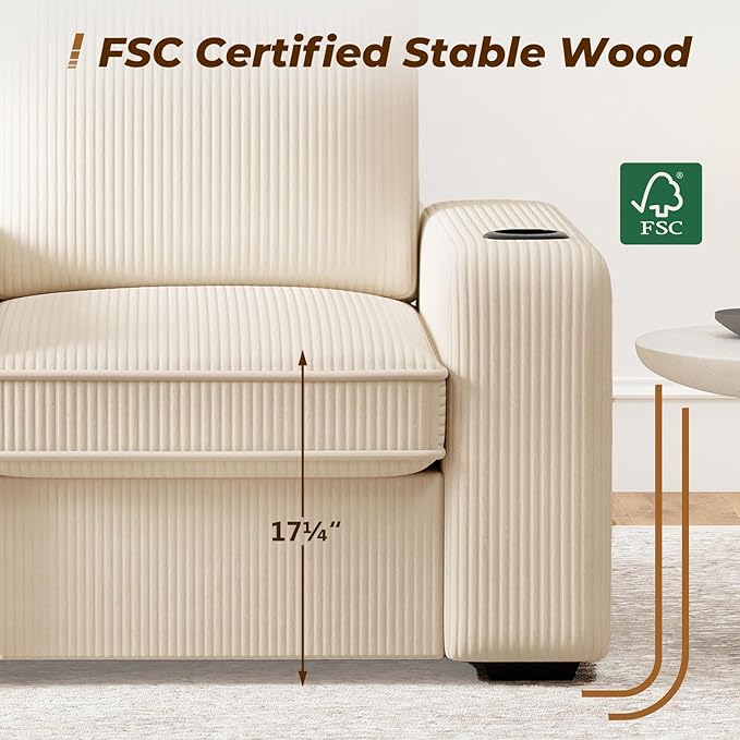 Furnimart 58 Wide Plush Loveseat 2-Seater Sofa with Dual-Port USB Charger &amp Cup Holders Corduroy Fabric Modern Accent Couch for Small Spaces Apartment Living Room(Corduroy-Beige)