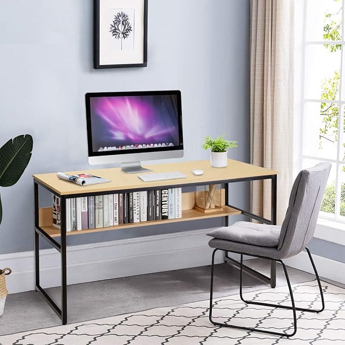 DORTALA 55 Industrial Computer Desk Contemporary Writing Table w/Storage Shelf Large Tabletop Sturdy Metal Structure Adjustable Foot Pads