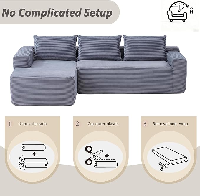 Sectional Couch with L-Shape Chaise 96 Modular Sectional Sofa with Deep Seat Modern Corduroy Couch Lazy Compression Sofa for Living Room No Assembly Required Left Facing Chaise Blue&ampGrey