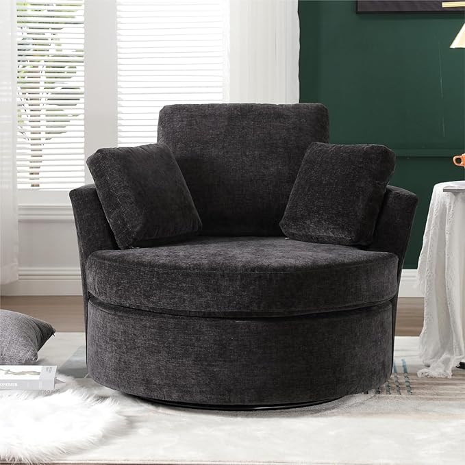 Oversized Swivel Barrel Chair Round Single Sofa with 3 Pillows Circle Accent Lounger Armchair Chairs for Bedroom Living Room Lounge Hotel (Black Chenille)