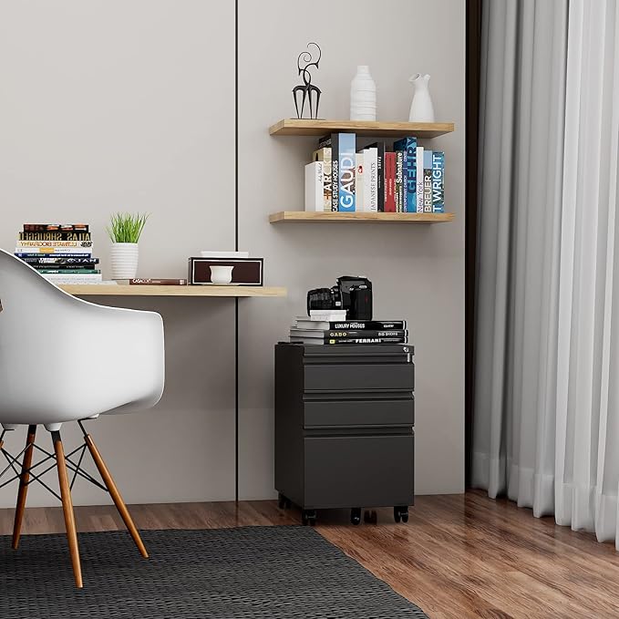 3 Drawer File Cabinet with Wheels Metal Filing Cabinet with Lock Office Rolling File Cabinets for A4/Legal/Letter Size Assembly Required Black