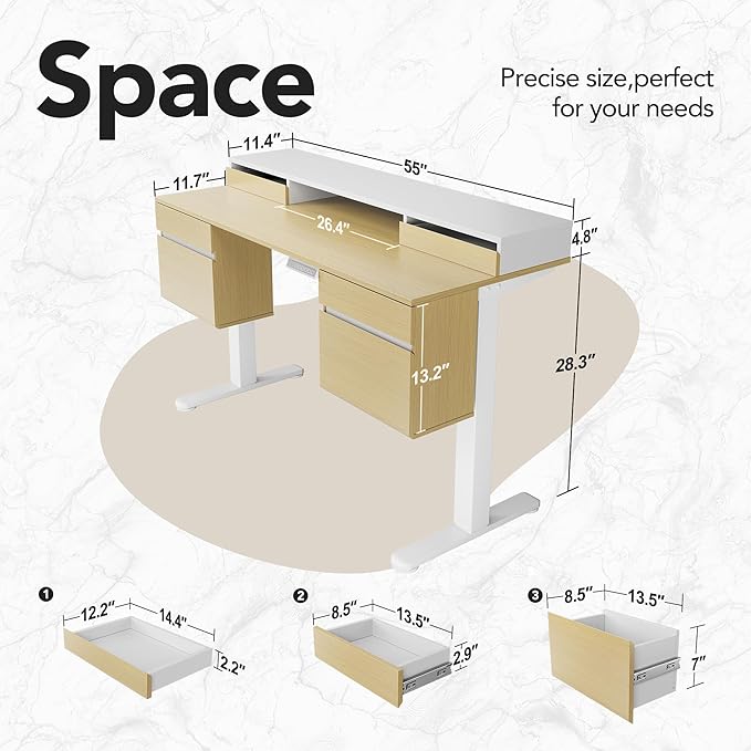 HUANUO Electric Standing Desk with 6 Drawers 55 Inch Height Adjustable Stand Up Desk with Storage Computer Workstation Compatible with Monitor Stand for Home Office Light Walnut