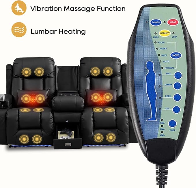 IPKIG Power Loveseat Recliner Sofa with Flip-Up Backrest Console Drawer AC Outlet LED Light Wall Hugger Recliners for Living Room RV Home Theater (Midnight Black Loveseat)