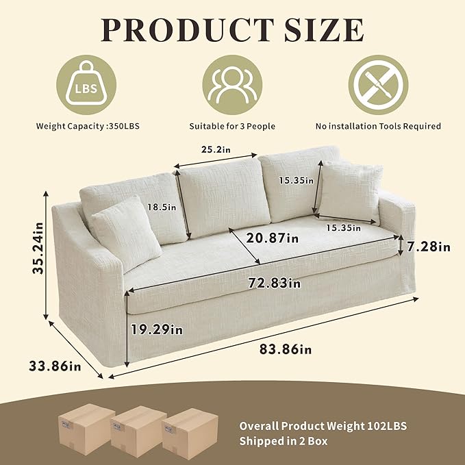 Chifee &amp Vingol 83 3 Seater Sofa Couch for Living Room Deep Seat Cozy Sofas Modern Upholstered Sofa with Removable CoverBeige
