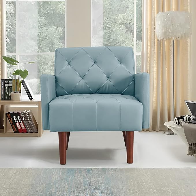 Leather Accent Chair Mid Century Modern PU Leather High Back Armchair for Living Room Chairs with Solid Wood Legs for Small Spaces Bedroom Office (Blue 29.1 x 25.6 x 31.1)