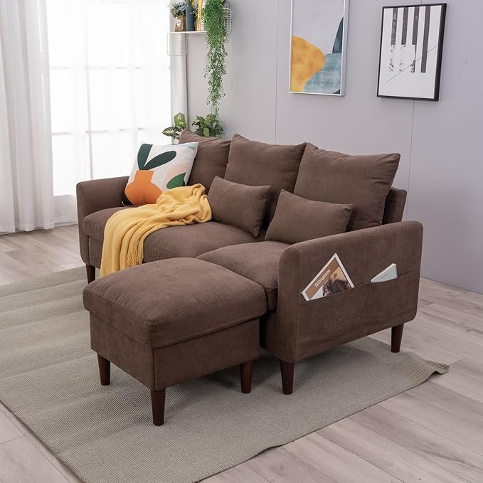 Panana 3 Seater with Footstool Chaise Small L-Shaped Corner Sofa Couch Armchair Furniture for Living Room Office (Brown Linen 3 Seater + Ottoman)