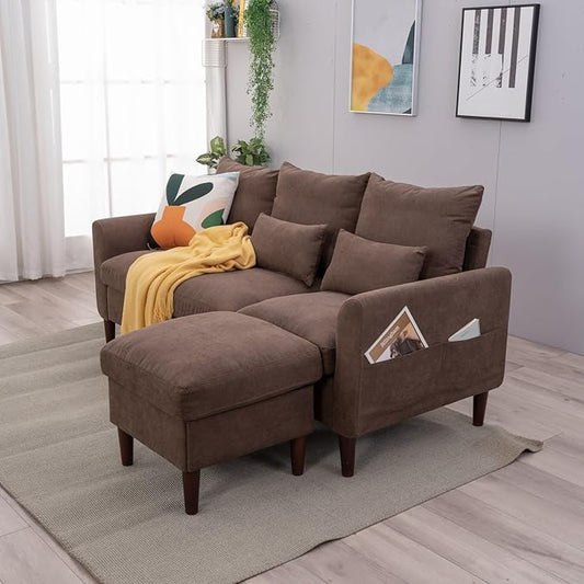 Panana 3 Seater with Footstool Chaise Small L-Shaped Corner Sofa Couch Armchair Furniture for Living Room Office (Brown Linen 3 Seater + Ottoman)