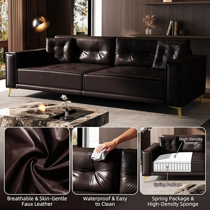 92.1 Chesterfield 3 Seater Pull Out Sofa Bed King Size with 2 Pillows and Golden Legs PU Leather 3-in-1 Convertible Sleeper Cloud Couch with Tufted Backrest Dark Brown