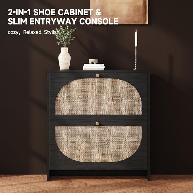 Nicetree Rattan Arched Accent Shoe Cabinet - Freestanding Ultra Slim for Entryway 2 Flip Drawers &amp 3-Tier Adjustable Shelves Farmhouse Modern Rustic Shoe Rack for Hallway Foyer Black