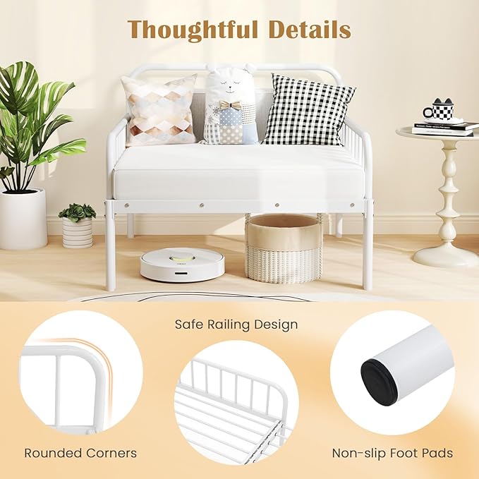Giantex Metal Twin Bed Frame Convertible Sofa Bed with Headboard &amp Armrests Pull-Out Sleeper Chair Bed for Small Spaces Dorm Guest Apartment Suitable for Folding Sofa Mattress White