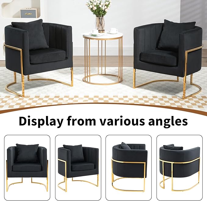 Modern Velvet Barrel Armchair with Lumbar Pillow Mid-Century Upholstered Accent Chair for Living Room Bedroom Single Sofa Club Reception Chair with Golden Metal Legs Black