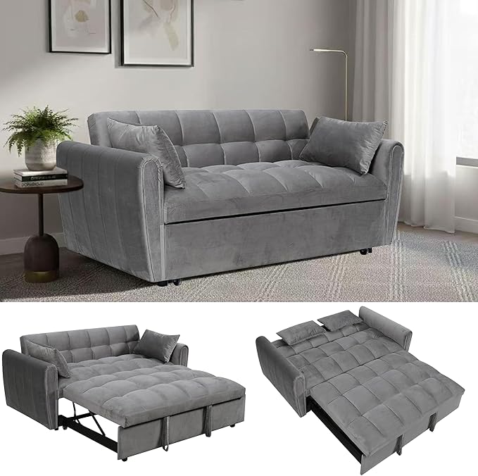 65 Inch Convertible Sleeper Sofa 3-in-1 Sleeper Loveseat with Adjustable Backrest &amp Padded Armrests Velvet Sofa Bed for Living Room Apartment Bedroom or Office Dark Gray