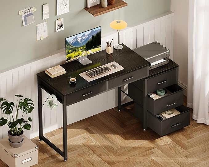 ODK Computer Desk with 5 Drawers 53 Inch Office Desk with Printer Shelf Reversible Gaming Desk for Home Bedroom Writing Table Desk with Headphone Hook for Storage Black