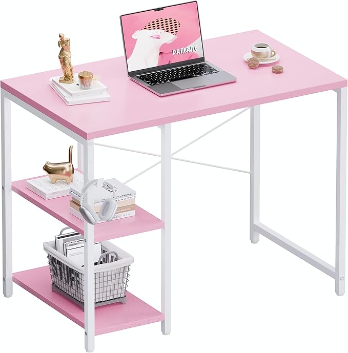 Pamray 32 Inch Small Computer Desk with Shelves Home Office Desk with Headphone Hook for Bedroom Study Writing PC Table for Small Spaces Pink